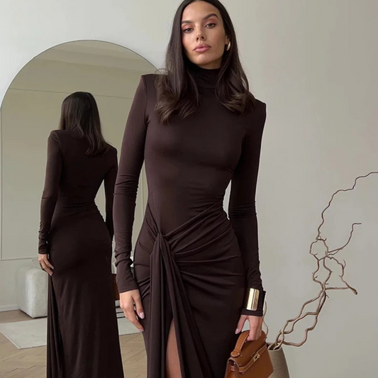 Mozision Rollkragen Oberschenkel Hohe Split Sexy Maxi Kleid Für Frauen Mode Langarm Drapierte Bandage Bodycon Club Langes Kleid
