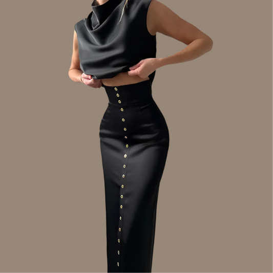 Elegante Crop Top Rock Set Frauen Rollkragen Ärmellose Weste Hohe Taille Taste Lange Röcke 2025, Frühling Dame Satin Solide Outfits
