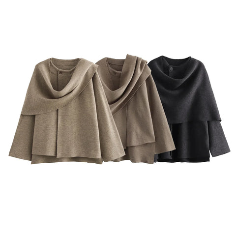 Ponch Women Knitted Jacket Asymmetric Scarf Coat Chic Outerwear