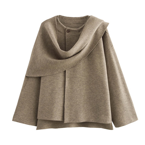 Ponch Women Knitted Jacket Asymmetric Scarf Coat Chic Outerwear