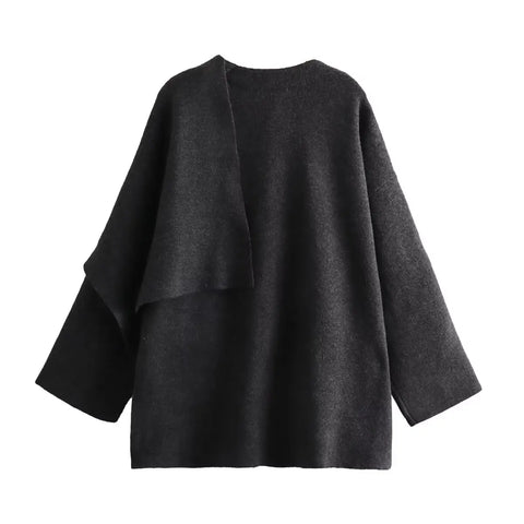 Ponch Women Knitted Jacket Asymmetric Scarf Coat Chic Outerwear