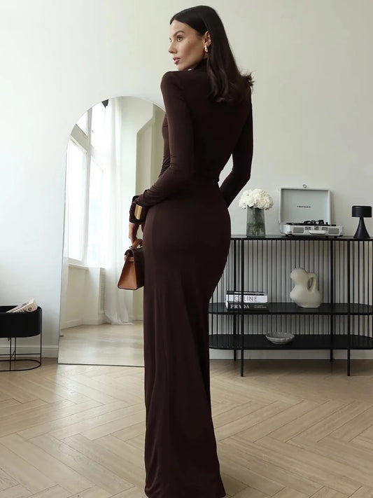 Mozision Rollkragen Oberschenkel Hohe Split Sexy Maxi Kleid Für Frauen Mode Langarm Drapierte Bandage Bodycon Club Langes Kleid